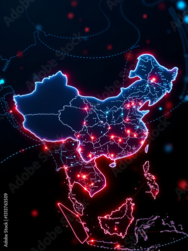 Digital map of China, concept of South East Asia network and connectivity, data transfer and cyber technology, business and information exchange and telecommunication