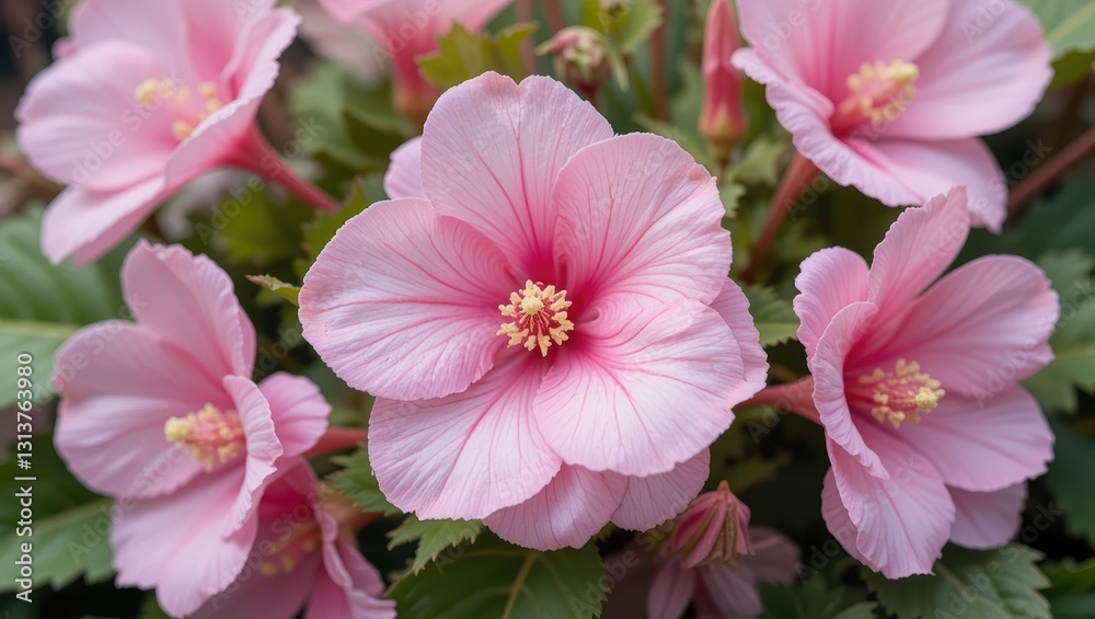 Closeup of Vibrant Pink Flowers in Full Bloom Surrounded by Green Leaves in a Garden Closeup of Vibrant Pink Flowers in Full Bloom Surrounded by Green Leaves in a Garden