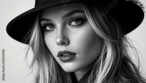Closeup Portrait of a Young Woman in a Stylish Hat Displaying Elegance and Emotion in Black and White Photography