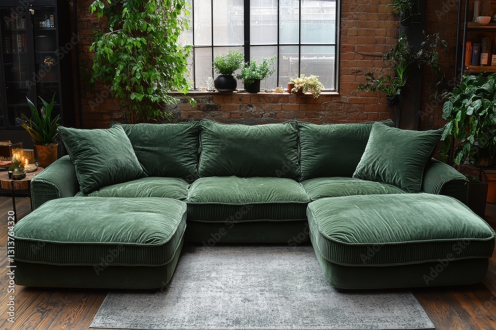 Fototapeta premium Large, comfortable green corduroy sofa with deep seating, two chaise lounge sections, and dark wood legs, perfect for an inviting and elegant living room space.