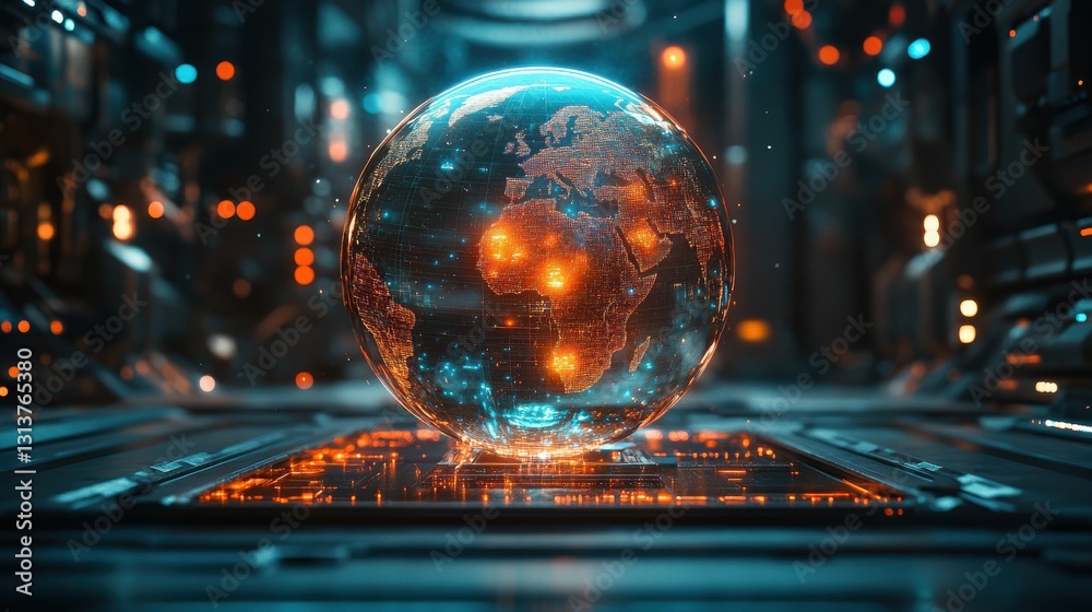a futuristic or technologically advanced setting where a transparent holographic globe is placed on a digital platform a futuristic or technologically advanced setting where a transparent holographic globe is placed on a digital platform