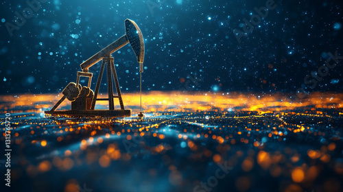 A digital oil field features glowing data streams and holographic pump jacks, representing artificial intelligence-driven innovations in sustainable energy production and logistics.