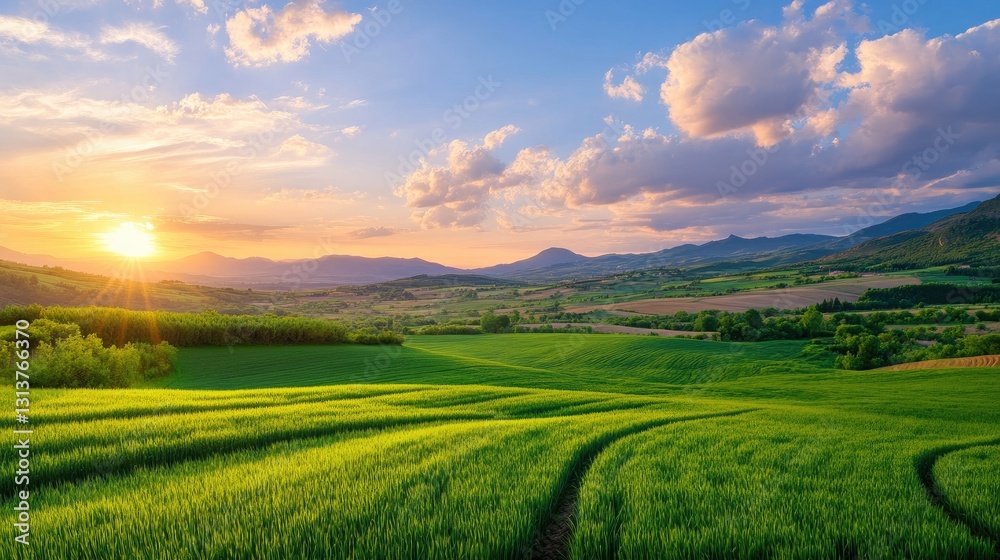 Obraz premium Serene Sunrise Over Lush Green Rice Fields Amid Rolling Hills