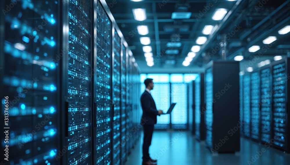 Man in suit with laptop standing in data center server room. Digitalization lines stream through servers. SAAS cloud computing online service. Futuristic concept of information tech infrastructure, Man in suit with laptop standing in data center server room. Digitalization lines stream through servers. SAAS cloud computing online service. Futuristic concept of information tech infrastructure,