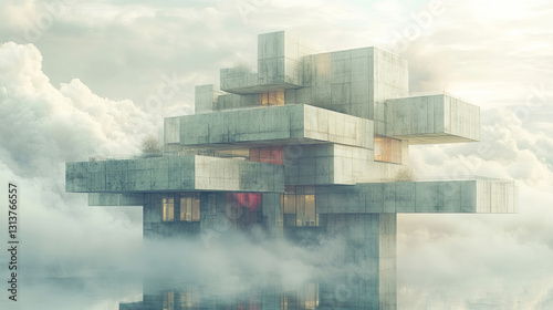 A surreal floating cityscape made of geometric concrete structures drifts among soft clouds, creating an imaginative and dreamlike world that defies gravity and architectural norms.