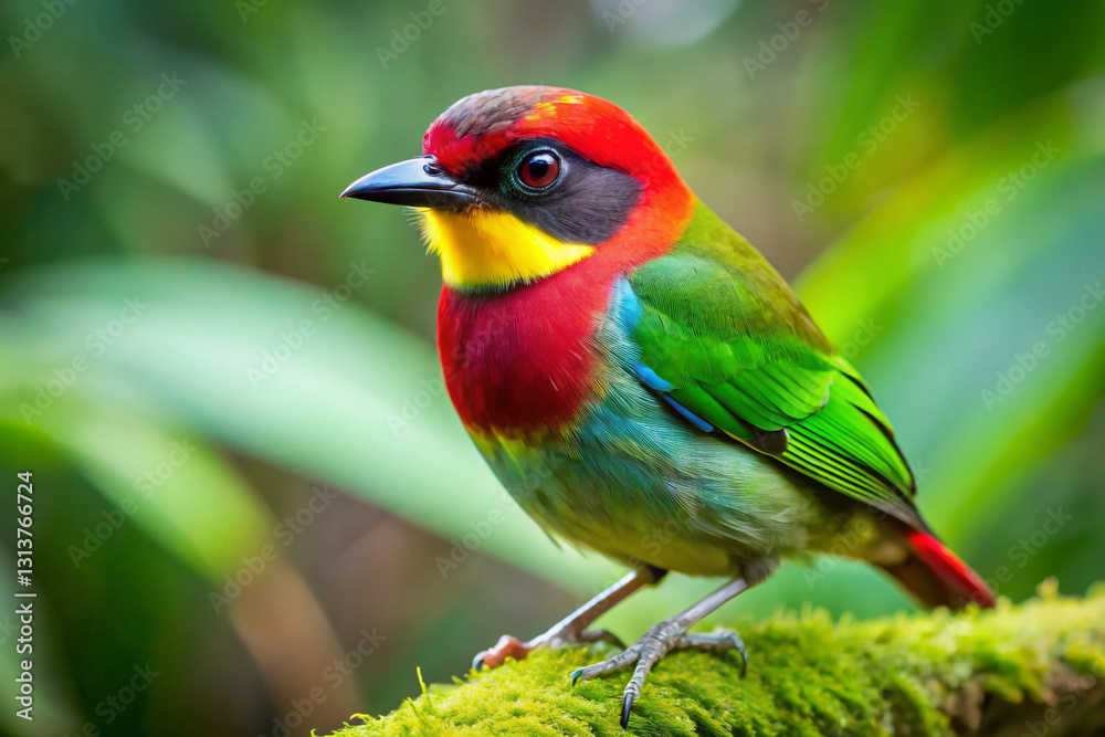 Fototapeta premium A small colorful bird with a green body and bright crimson patches on its wings