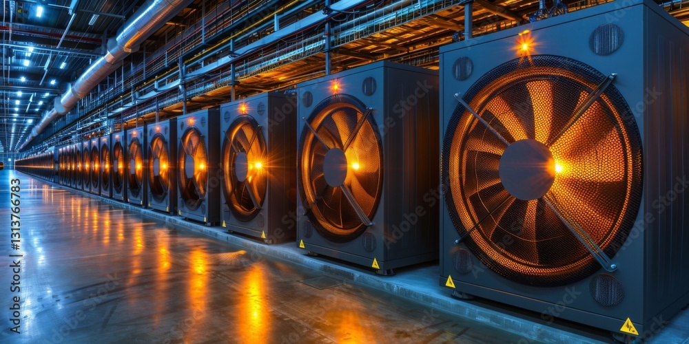 Obraz premium Long rows of cooling tower sets, cooling fans in the data center room