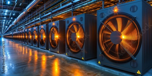 Long rows of cooling tower sets, cooling fans in the data center room