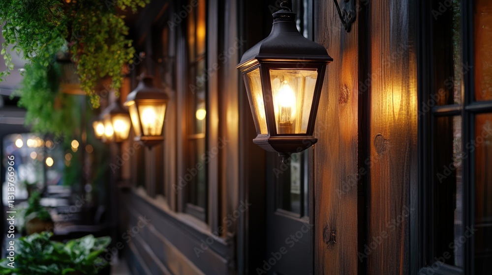 Elegant Outdoor Lanterns Illuminating Cozy Restaurant Facade at Dusk Elegant Outdoor Lanterns Illuminating Cozy Restaurant Facade at Dusk