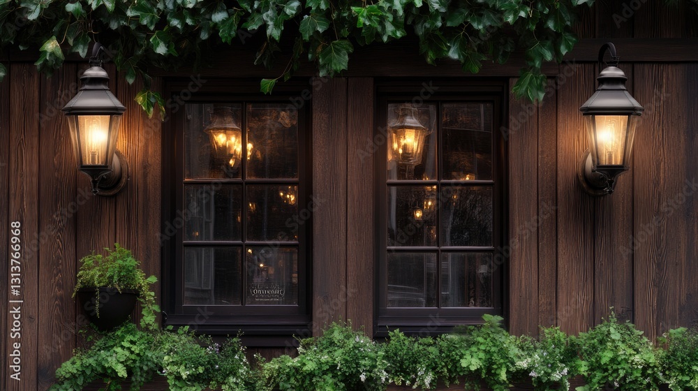 Cozy Rustic Exterior with Lanterns and Greenery around Windows Cozy Rustic Exterior with Lanterns and Greenery around Windows