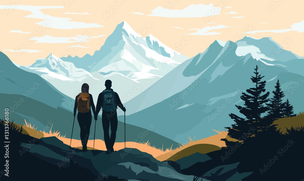 Fototapeta premium Minimalist Alpine Hiking Vector with Couple and Mountain Scenery in Flat SVG Style
