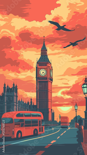 Retro London Travel Poster with Big Ben Red Bus Minimalist Cityscape