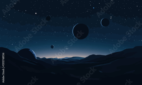 Serene Cosmic Landscape with Distant Planets and Moons in Minimalist Style Vector Art
