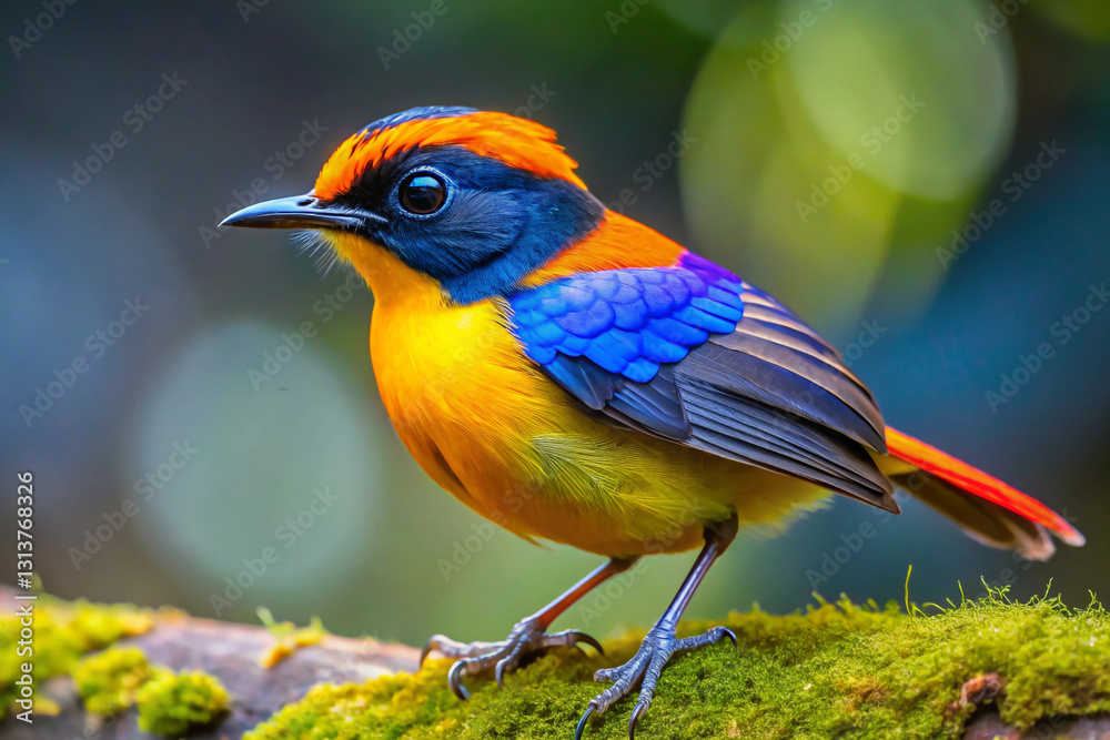 Obraz premium A small, lively bird with a bright yellow body that fades into a fiery orange on its wings and tail