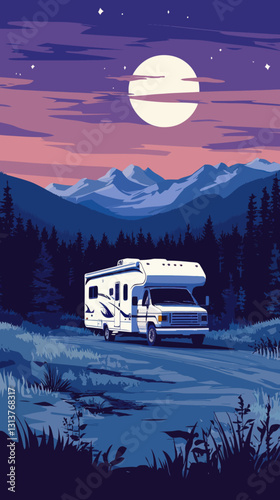 Vintage RV Motorhome Adventure Under Moonlit Mountain Forest Nightscape Illustration