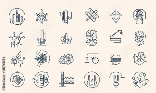 Bioengineering Icons Set: Biomaterials, Biomechanics, Nanotechnology, Tissue Engineering Concepts