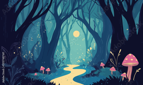 Magical Enchanted Forest with Glowing Mushrooms and Mystical Creatures in Minimalist Style