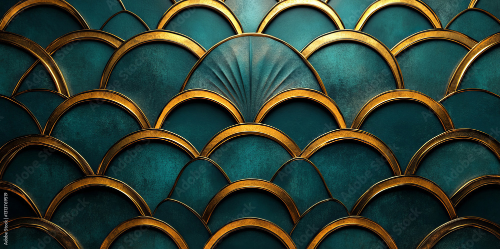 Fototapeta premium An elegant Art Deco wallpaper design features a teal and gold color scheme with symmetrical fan-shaped geometric patterns, blending vintage aesthetics with modern sophistication.
