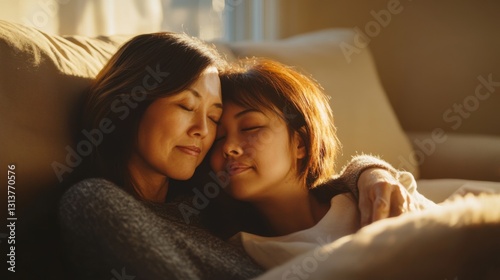 mother and daughter sharing a tender moment on the couch photo