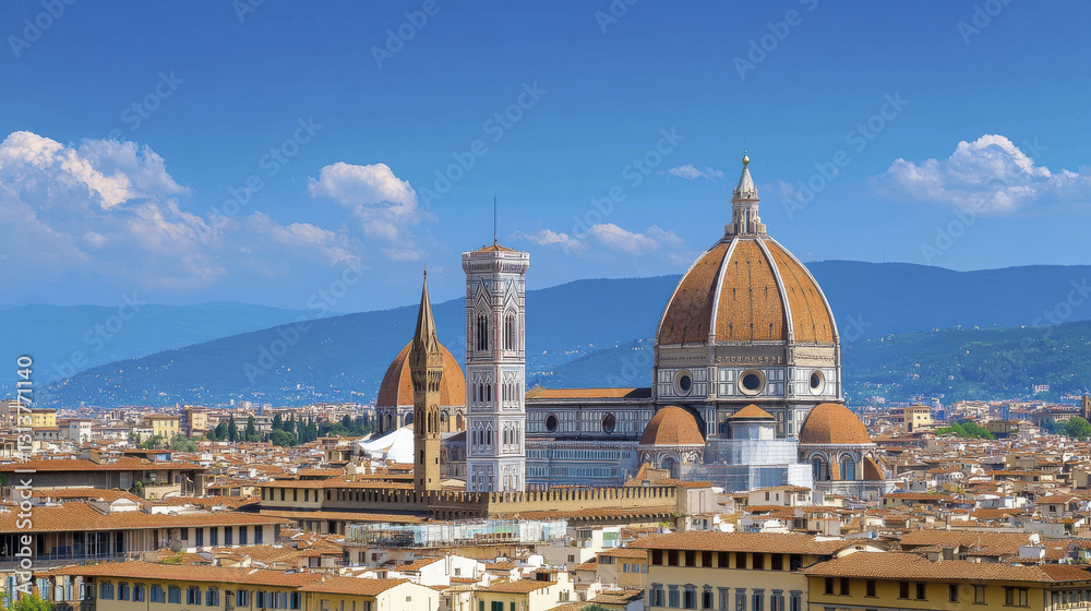 Fototapeta premium Florence skyline featuring iconic dome and bell tower, showcasing stunning architecture and vibrant blue sky. picturesque view of historic city