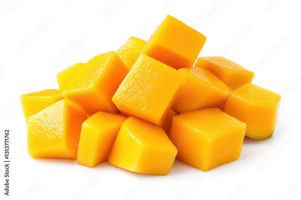 Fresh mango cubes on a white background, perfect for snacks. Fresh mango cubes on a white background, perfect for snacks.