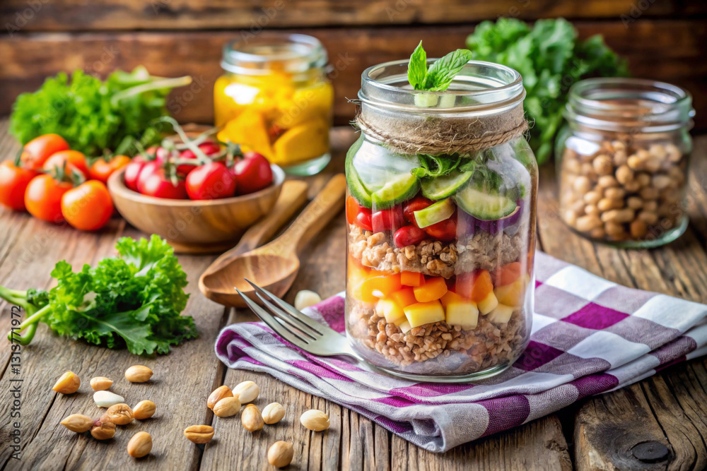 A visually appealing layered salad in a mason jar for an on the go meal prep friendly option A visually appealing layered salad in a mason jar for an on the go meal prep friendly option