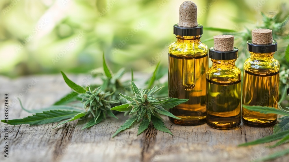 Cannabis extract in dropper bottles with marijuana buds on rustic wooden surface Cannabis extract in dropper bottles with marijuana buds on rustic wooden surface