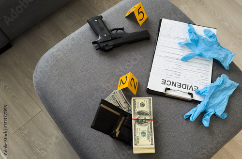 Evidences and crime scene markers on light grey marble background, flat lay