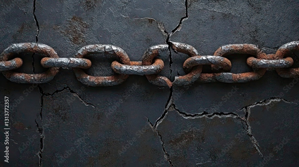 Rusty chain on cracked dark surface representing resilience and decay Rusty chain on cracked dark surface representing resilience and decay
