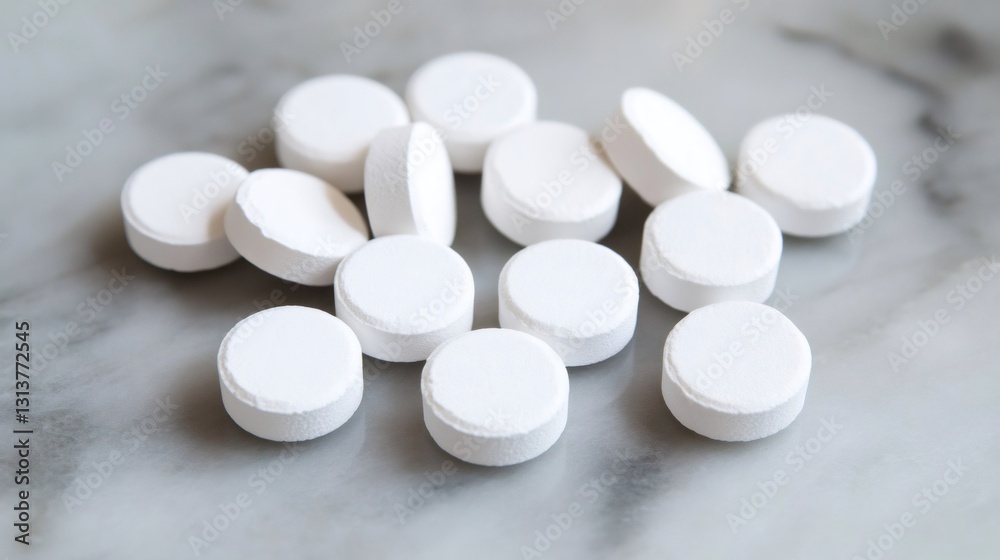 White pills resting on marble countertop representing healthcare and medicine White pills resting on marble countertop representing healthcare and medicine