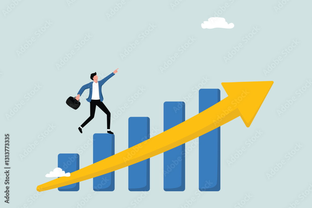 Growing to achieve success, developing business to achieve goals, progress or improvement, career development or financial gain, businessmen run on an increasing growth graph. Growing to achieve success, developing business to achieve goals, progress or improvement, career development or financial gain, businessmen run on an increasing growth graph.