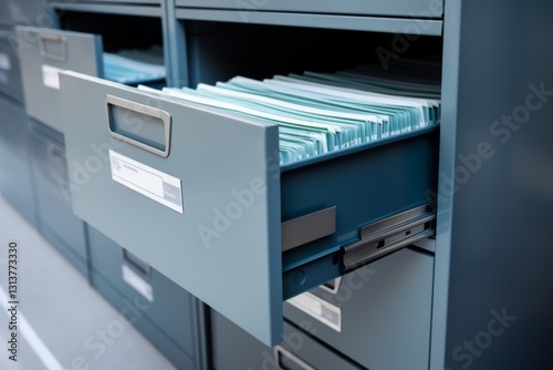 An open drawer of a metal filing cabinet, revealing neatly organized documents.