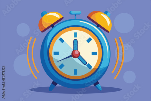 Brightly colored vector illustration of a playful alarm clock with legs, cheerfully moving across a blue background, symbolizing the passing of time and urgency