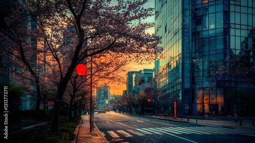 Cherry Blossom-Lined Streets with a Zebra Crossing in Seoul