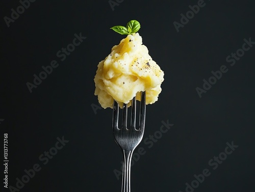 Fork with mashed potatoes on it, close up. Texture emphasis through image. photo