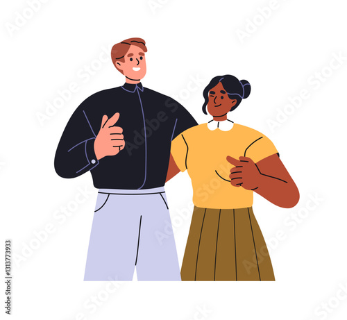 Happy interracial couple hugs and points at you together. People recruit, choose candidate, indicate on choice with index finger. Friends show forward. Flat isolated vector illustrations on white