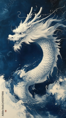 Traditional Chinese dragon soaring over ocean waves
