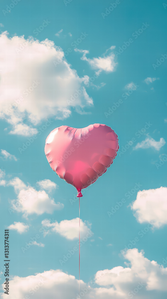 Obraz premium Floating Heart: A singular, radiant pink heart-shaped balloon soars high against a breathtaking canvas of a bright blue sky. The scene evokes feelings of love, hope, and the lightness of air.
