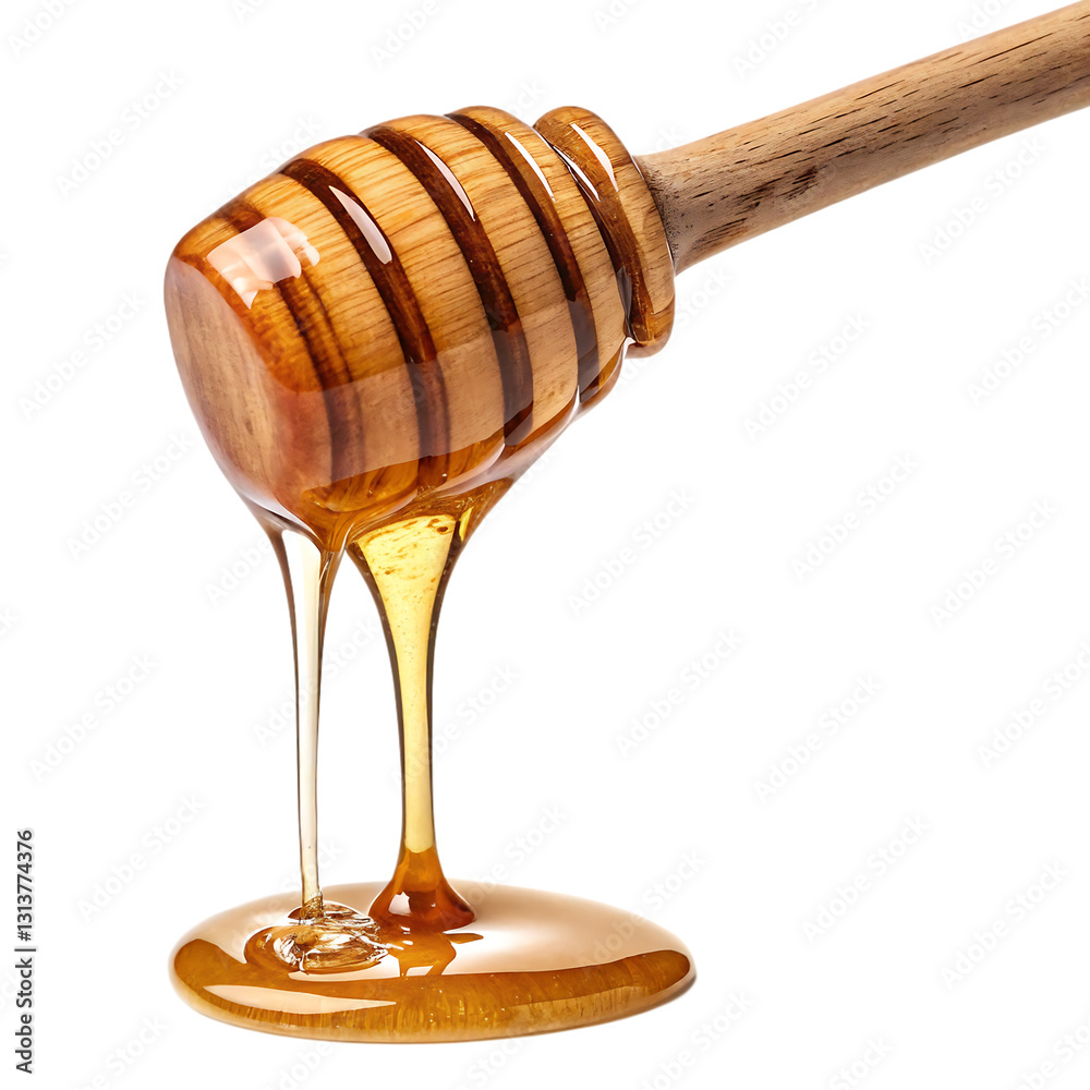 A wooden honey dipper dripping golden honey, creating a smooth and natural flow of sweetness. A wooden honey dipper dripping golden honey, creating a smooth and natural flow of sweetness.