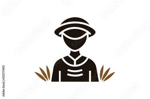 Vector illustration of a person wearing a traditional hat and outfit, engaged in farming activities during the day in a rural setting