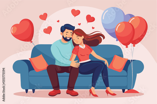 Couple enjoying a cozy moment on a sofa surrounded by hearts and balloons in a cheerful celebration of love