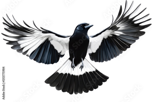 black and white magpie bird in flight on transparent background