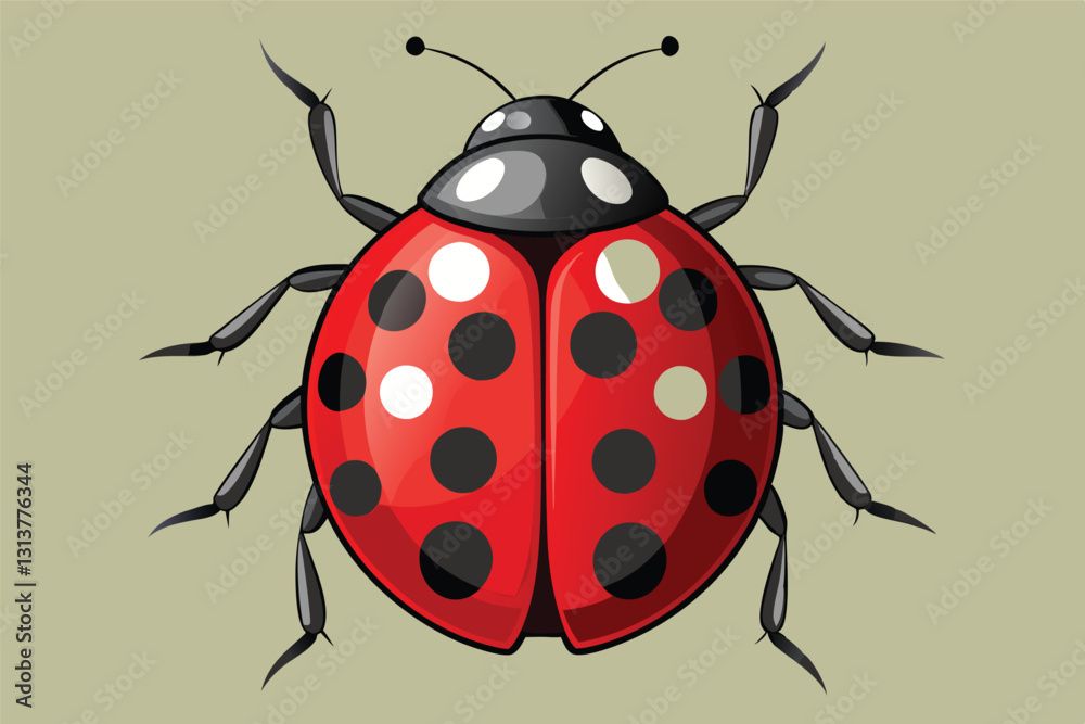 Colorful vector illustration of a ladybug resting on a light green background showcasing its distinct red shell and black spots