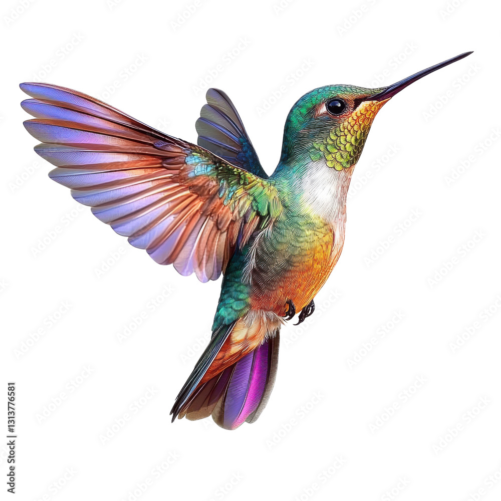 Fototapeta premium hummingbird with vibrant rainbow feathers on white background