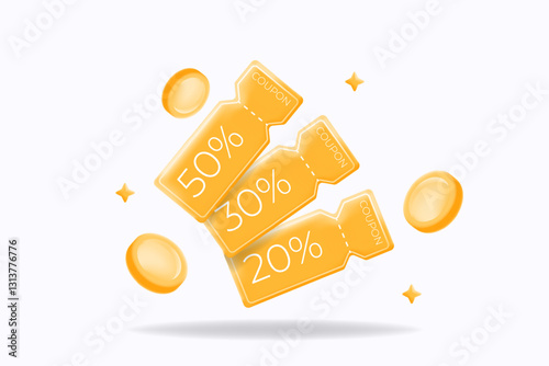 Golden discount coupons with 50%, 30%, and 20% off, surrounded by coins. e-commerce, promotions, sales, and cashback offers. 3d vector illustration