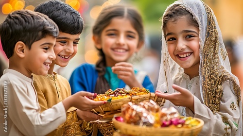 Children sharing treats in a festive setting photo