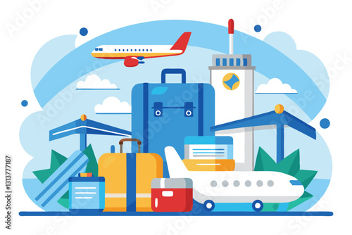 Travel essentials illustrated with luggage, airplanes, and landmarks in a vibrant design showcasing the excitement of exploring new destinations