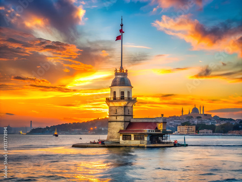 Maiden's Tower at sunset in Istanbul Turkey. View of Bosphorus and Golden Horn bay.