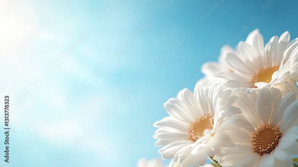 A beautiful close-up of delicate white daisies set beautifully against a soft blue sky, evoking feelings of peace, freshness, and nature's charm. A beautiful close-up of delicate white daisies set beautifully against a soft blue sky, evoking feelings of peace, freshness, and nature's charm.