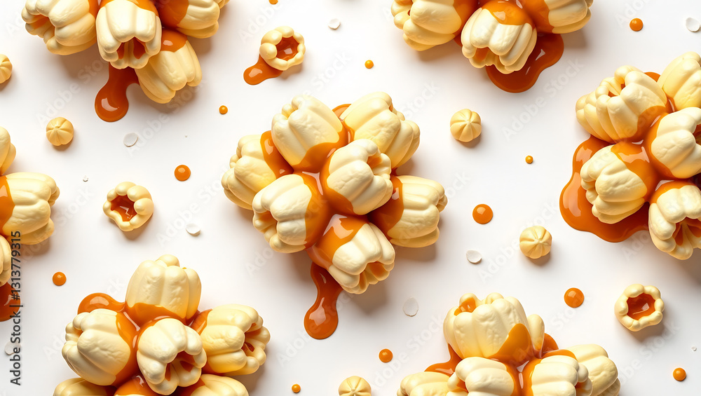 Caramel-Drizzled Popcorn Clusters - A seamless pattern of fluffy popcorn drizzled with gooey caramel. Caramel-Drizzled Popcorn Clusters - A seamless pattern of fluffy popcorn drizzled with gooey caramel.